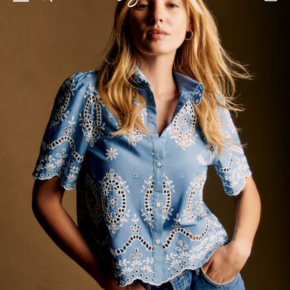 Sezane' Elvira Embroidered Eyelet Collared Blouse 44/12- Chambray/ Ivory Combo